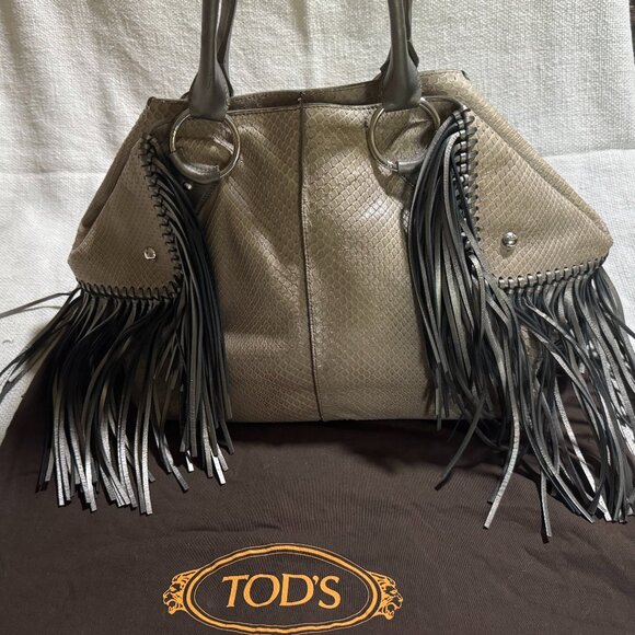 Tod's Taupe Python and Leather Fringe Large Satchel Bag - Picture 2 of 11